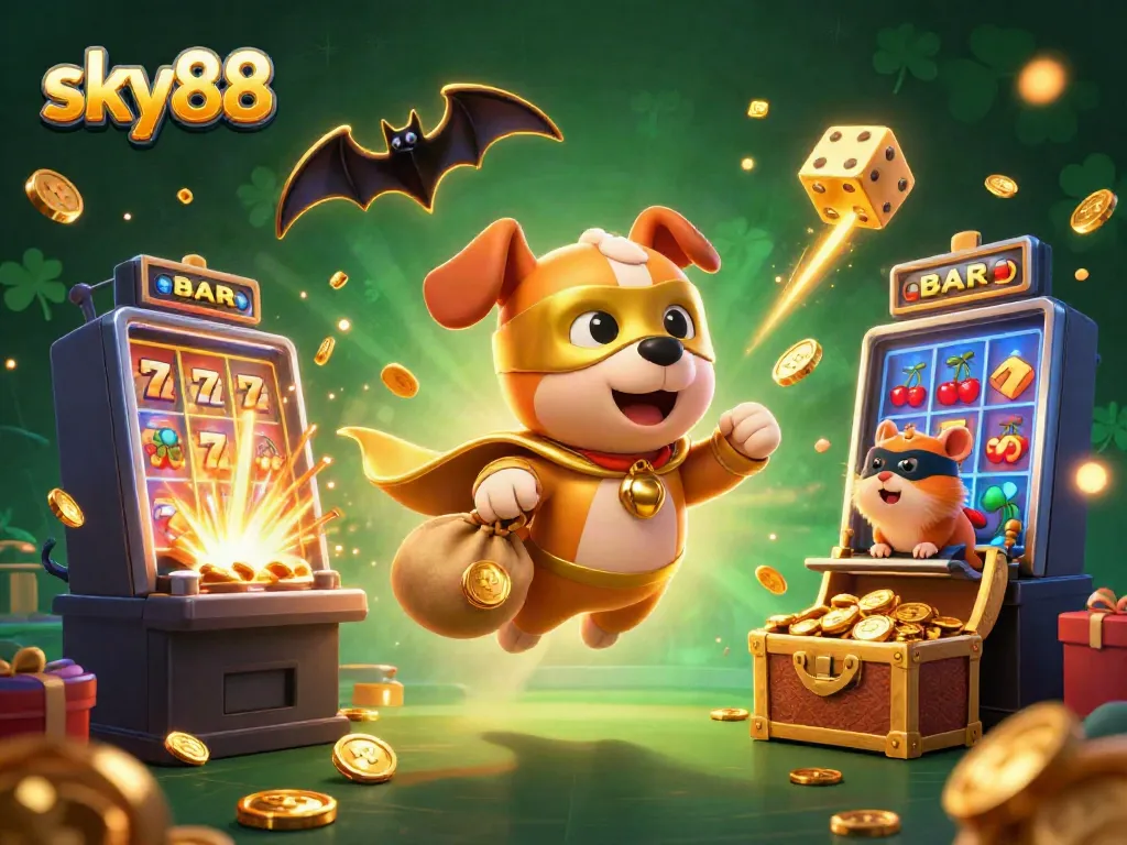 Experience thrilling gaming action with sky88 in this vibrant 3D illustration featuring our superhero dog and exciting casino themes.