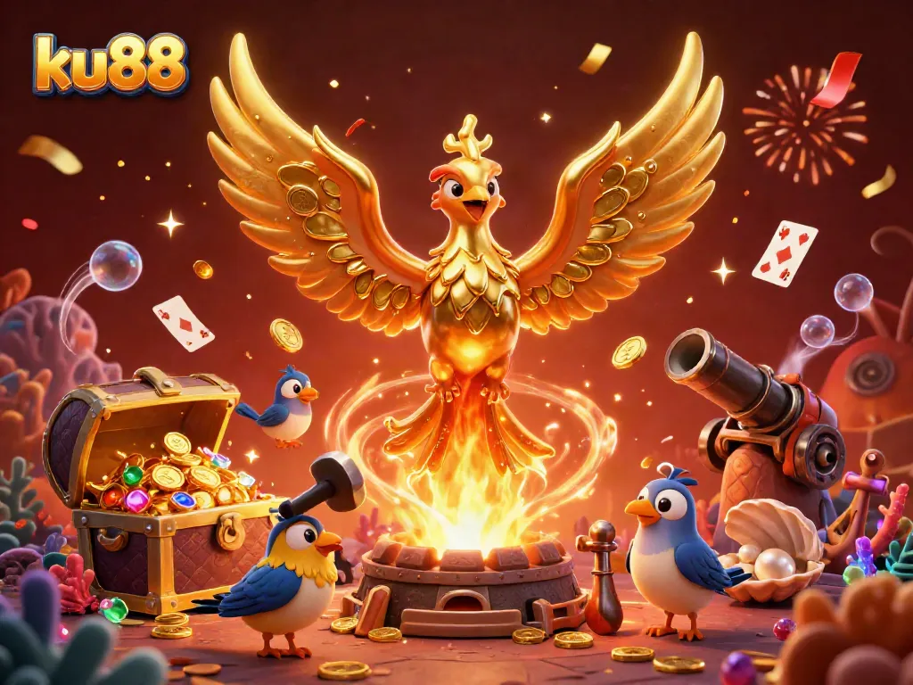 ku88's phoenix emerging from a forge, pooling coins in a vibrant casino scene.