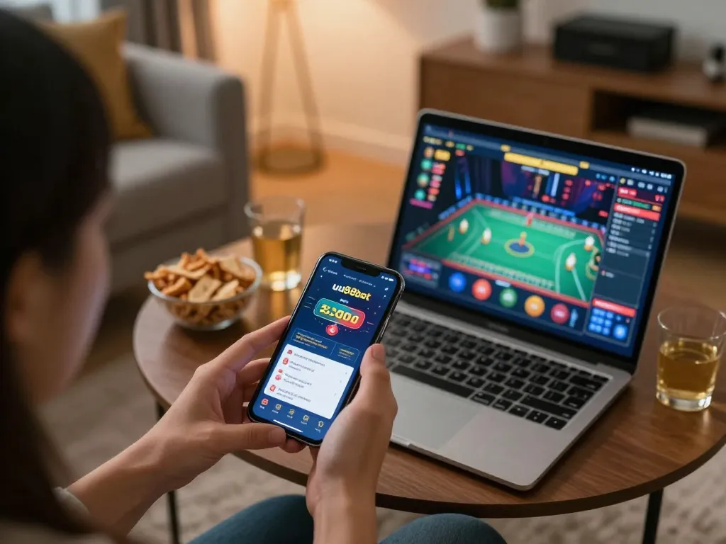 Player enjoying uu88bet app on smartphone at home, showcasing online gaming experience.