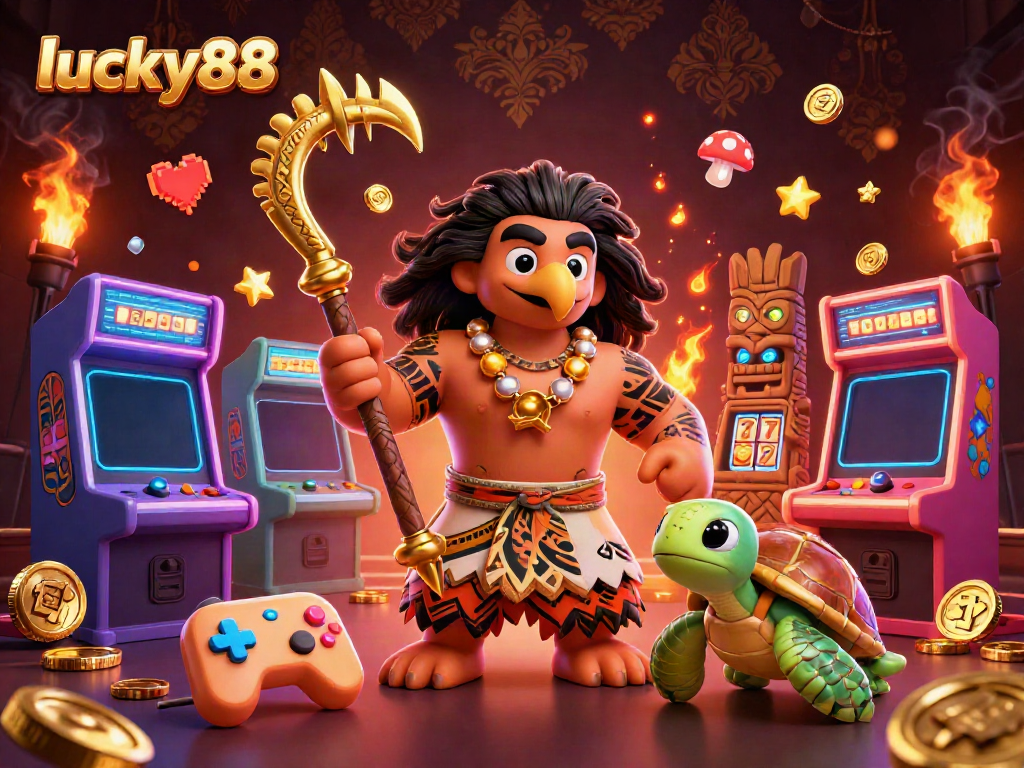 Catch big wins at lucky88 with a vibrant 3D casino-themed illustration featuring dynamic gaming elements and characters.