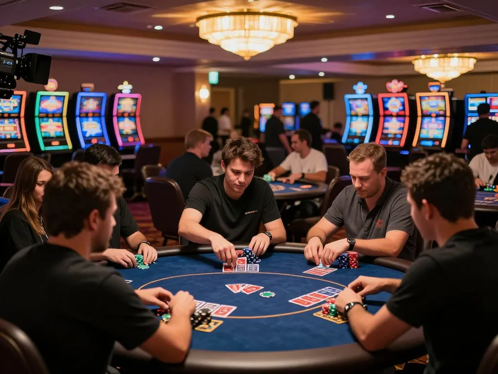 Experience O8's thrilling casino atmosphere with players engaged in strategic card games and vibrant slot machines.