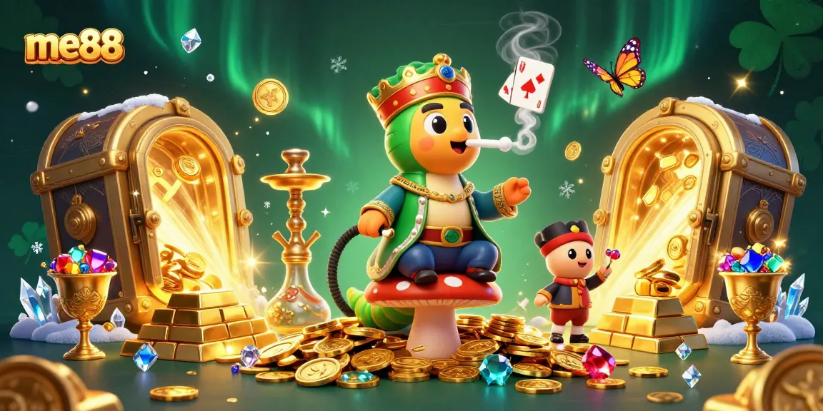 Join the excitement at me88 with a vibrant 3D illustration of a whimsical casino scene featuring treasure and a unique character.