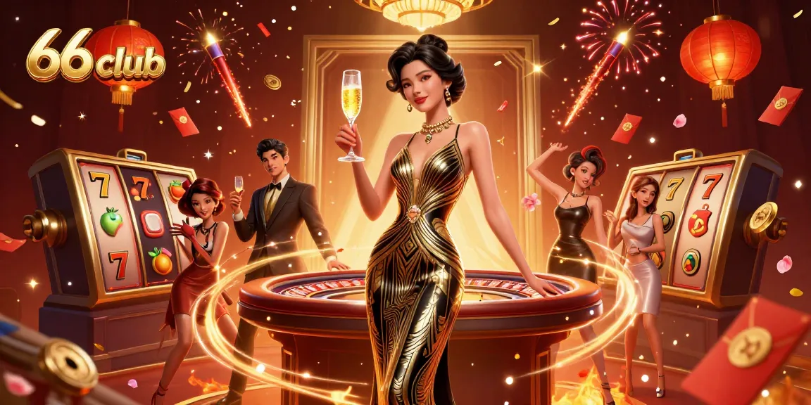 Join the excitement at 66 club with a glamorous atmosphere, showcasing lively slots and elegant casino elements.