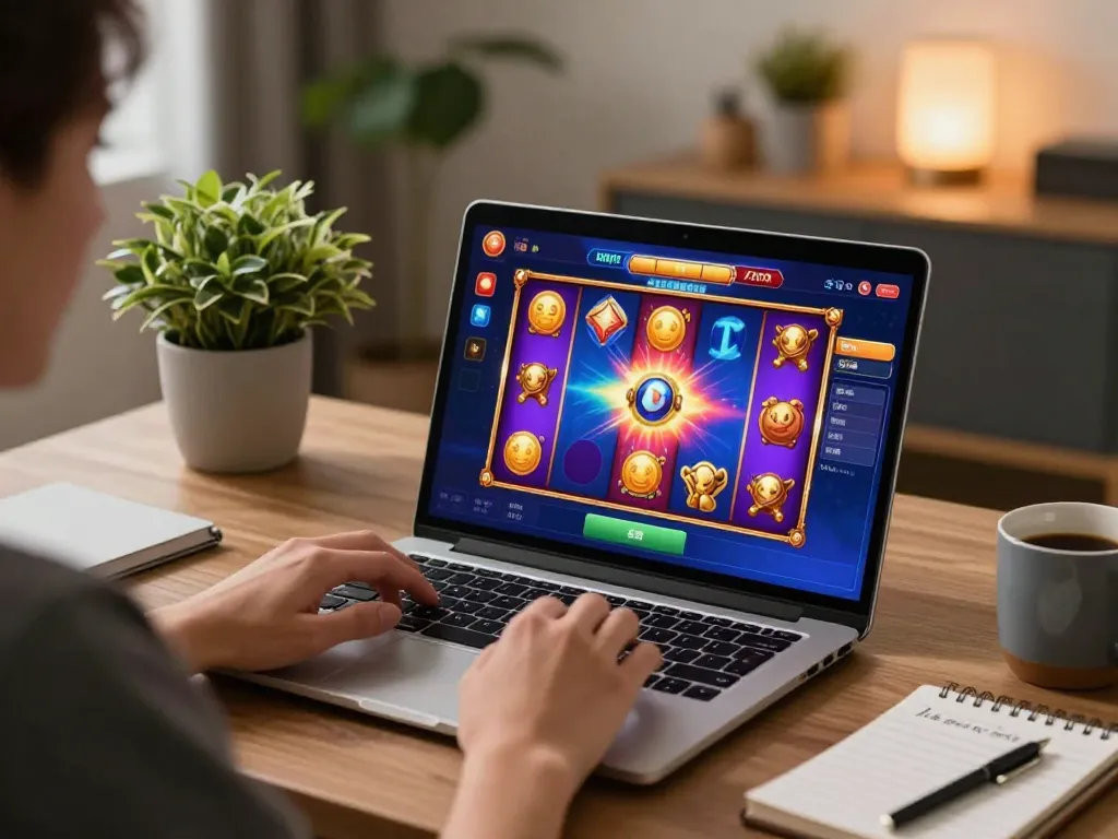badak178 user engaging with colorful slot game on laptop in a cozy home setup