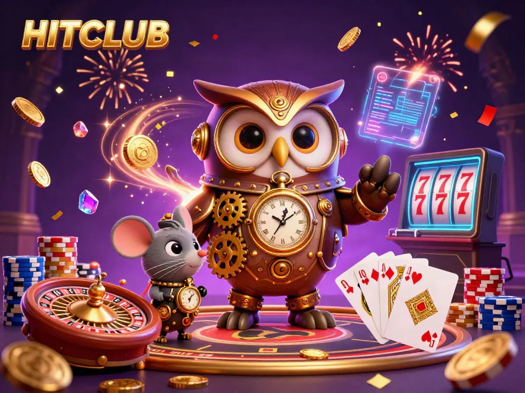 Experience the thrill of gaming at HITCLUB with a 3D time-traveling owl and fantasy casino elements.