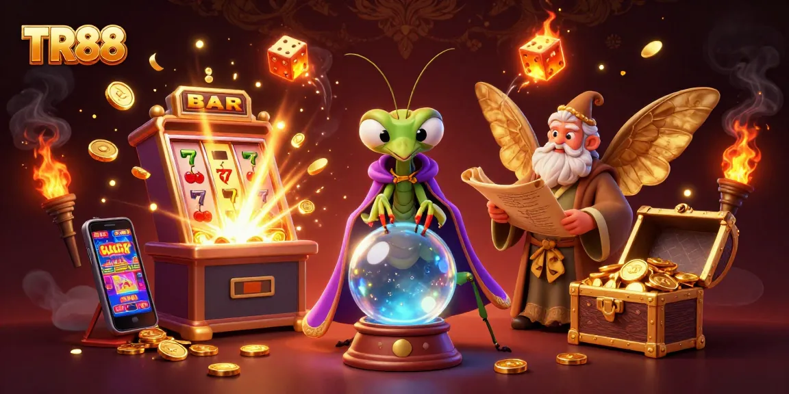 Engage with TR88's vibrant gaming world featuring a cartoon mantis fortune teller and colorful jackpot scene.