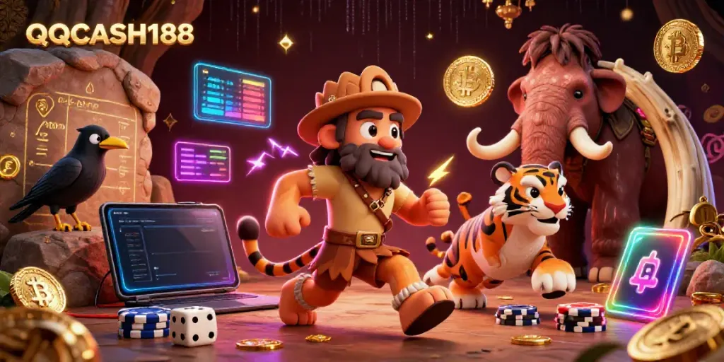 Experience QQCASH188 at a prehistoric casino with engaging 3D elements and vibrant characters.