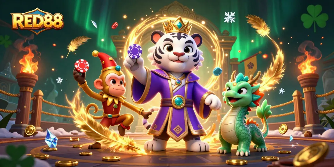 Engage with RED88 through a vibrant Asian casino adventure featuring a colorful tiger and monkey.