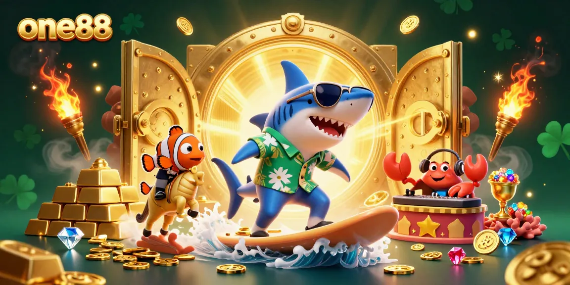 Experience the excitement at one88 with vibrant underwater characters in a gold-themed casino illustration.
