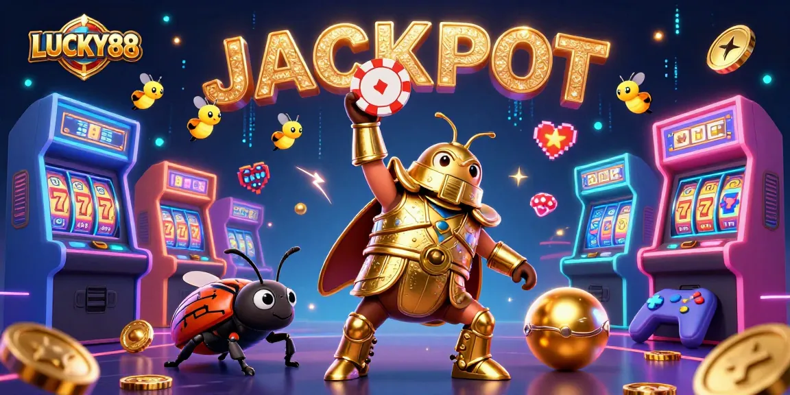 Experience the excitement of LUCKY88, where a victorious hercules beetle celebrates a jackpot!