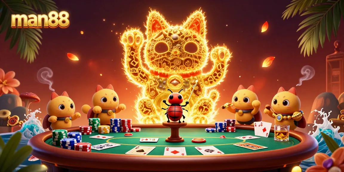 Experience excitement at man88 with golden fireflies and casino-themed elements in this vibrant illustration.