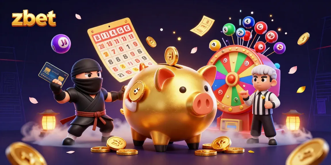 ZBET shows exciting gambling action with a golden piggy bank sumo wrestler and vibrant lottery elements.